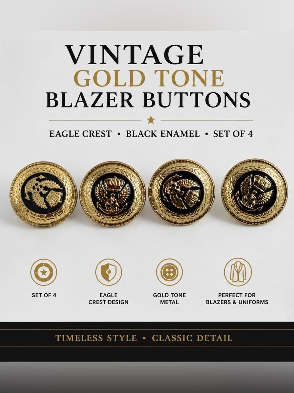 Vintage Gold Tone Military Eagle Crest Blazer Buttons Set of 4 Black Enamel